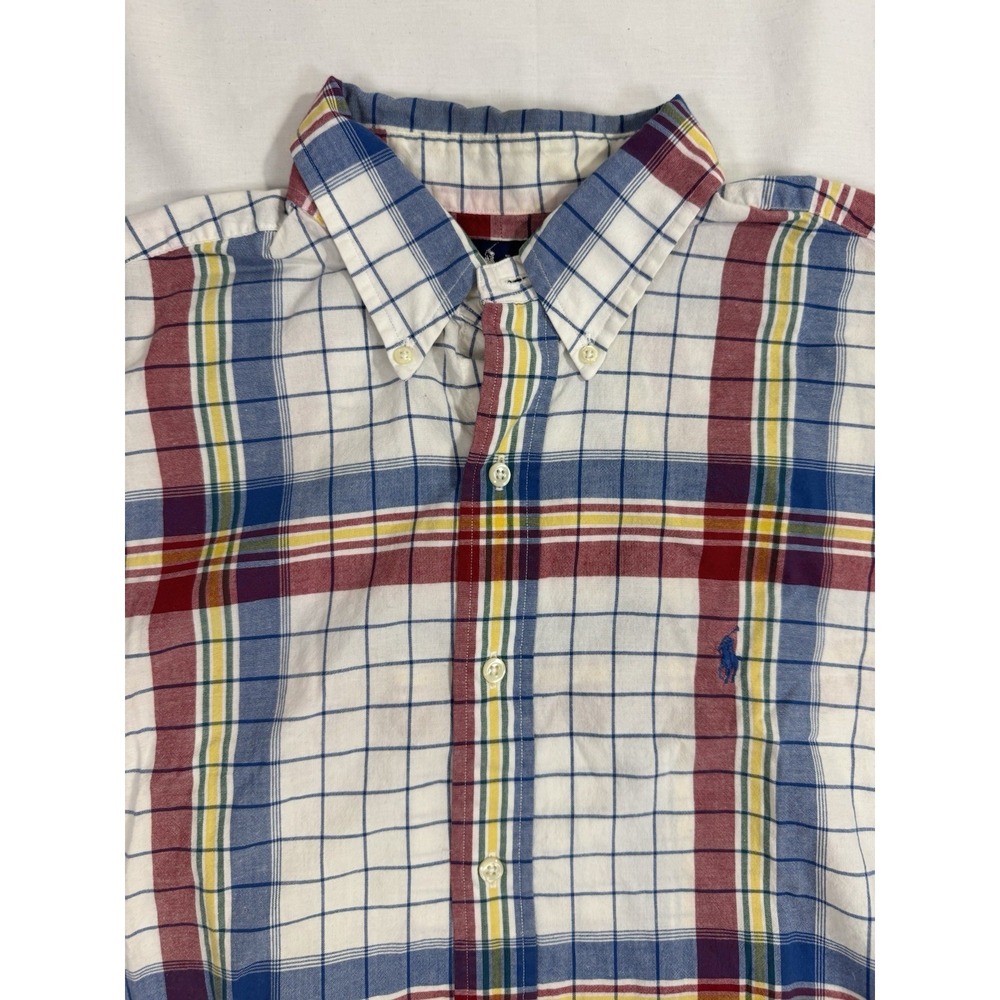 Ralph Lauren Button Down Shirt Mens Large Short Sleeve Plaid‎ Flesh Pony Preppy